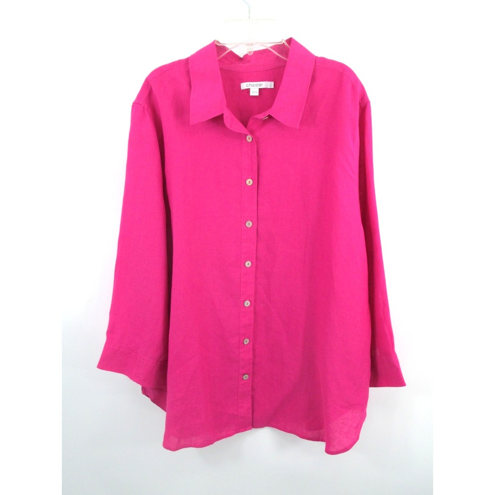 Chico's 100% Linen Button Up Top Women 16 Hot Pink 3/4 Sleeve 570381750